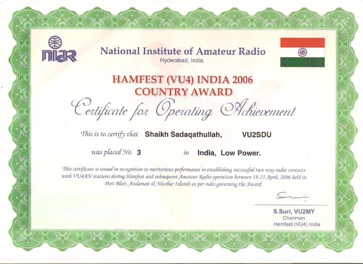 Hamfest (VU4) India Award 2006