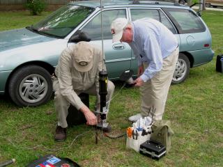 Time to go home. John, K4KBB, and Taylor, W4WTM, removing the Tarheel Model 75A antenna.  