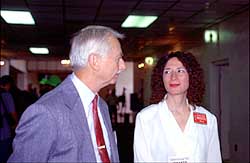 Owen Garriott, W5LFL (left), chats with ARRL Educational Services Manager Rosalie White, WA1STO, at the Dayton Hamvention.