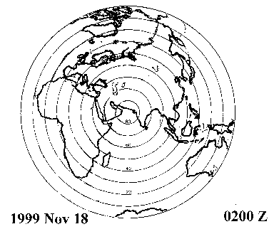 Map of globe directly below Leonid radiant at likely peak time 1999.