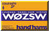 Card 1: Courage logo upper left, W0ZSW in white with blue background stripe across orange card, handiham logo lower right