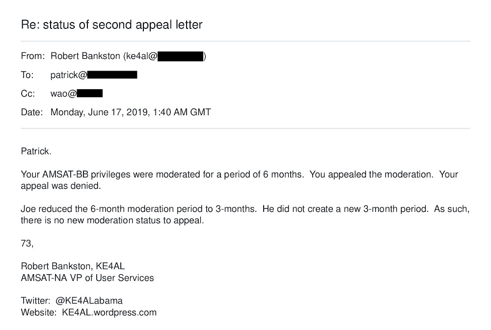 E-mail response from KE4AL on 17 June 2019