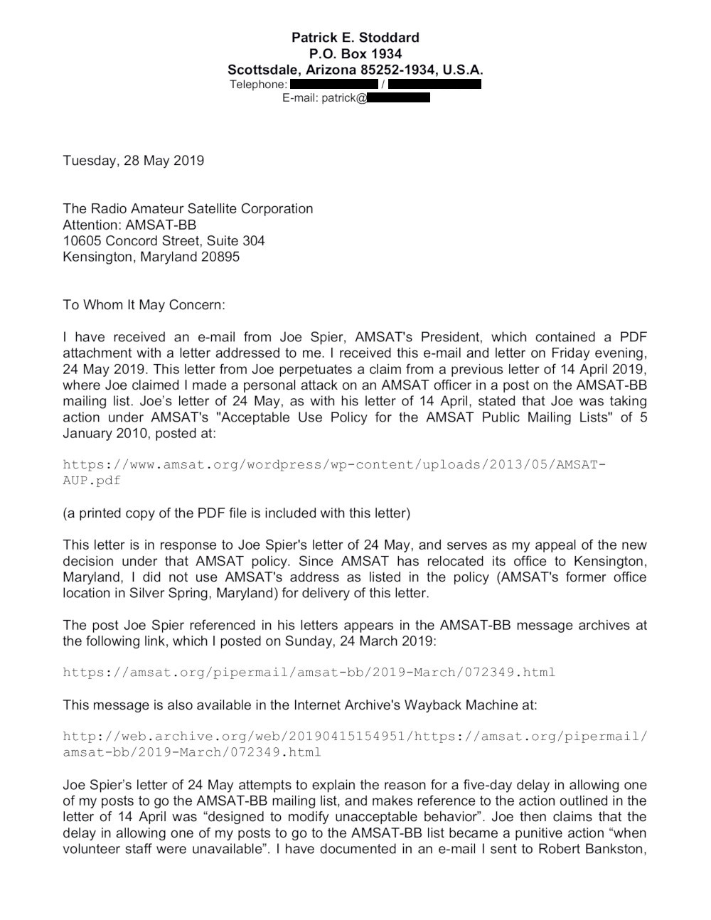 Letter from WD9EWK on 28 May - page 1