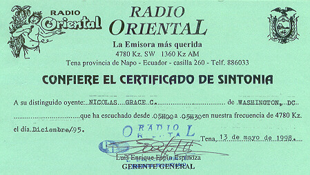 Radio Oriental Verification Card